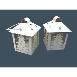 SET OF 2 WHITE 5.5" LAMP HOUSE CHRISTMAS TREE SILHOUETTE LANTERN ORNAMENT